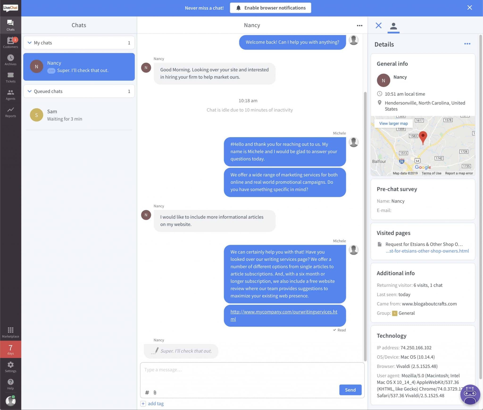 direct customer support with LiveChat