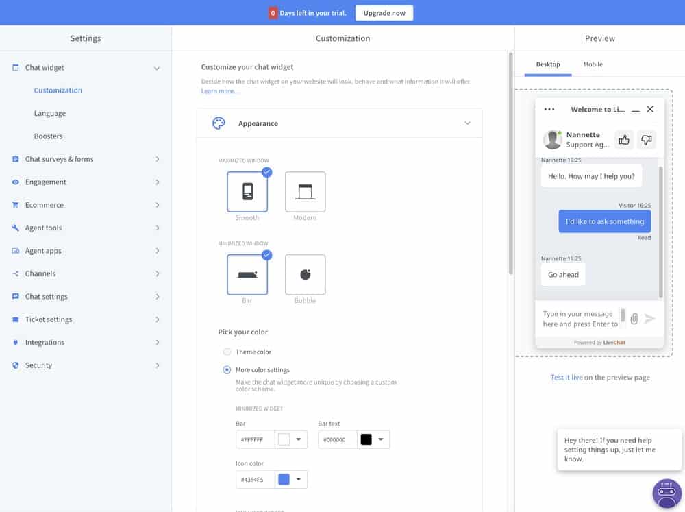 LiveChat configuration settings