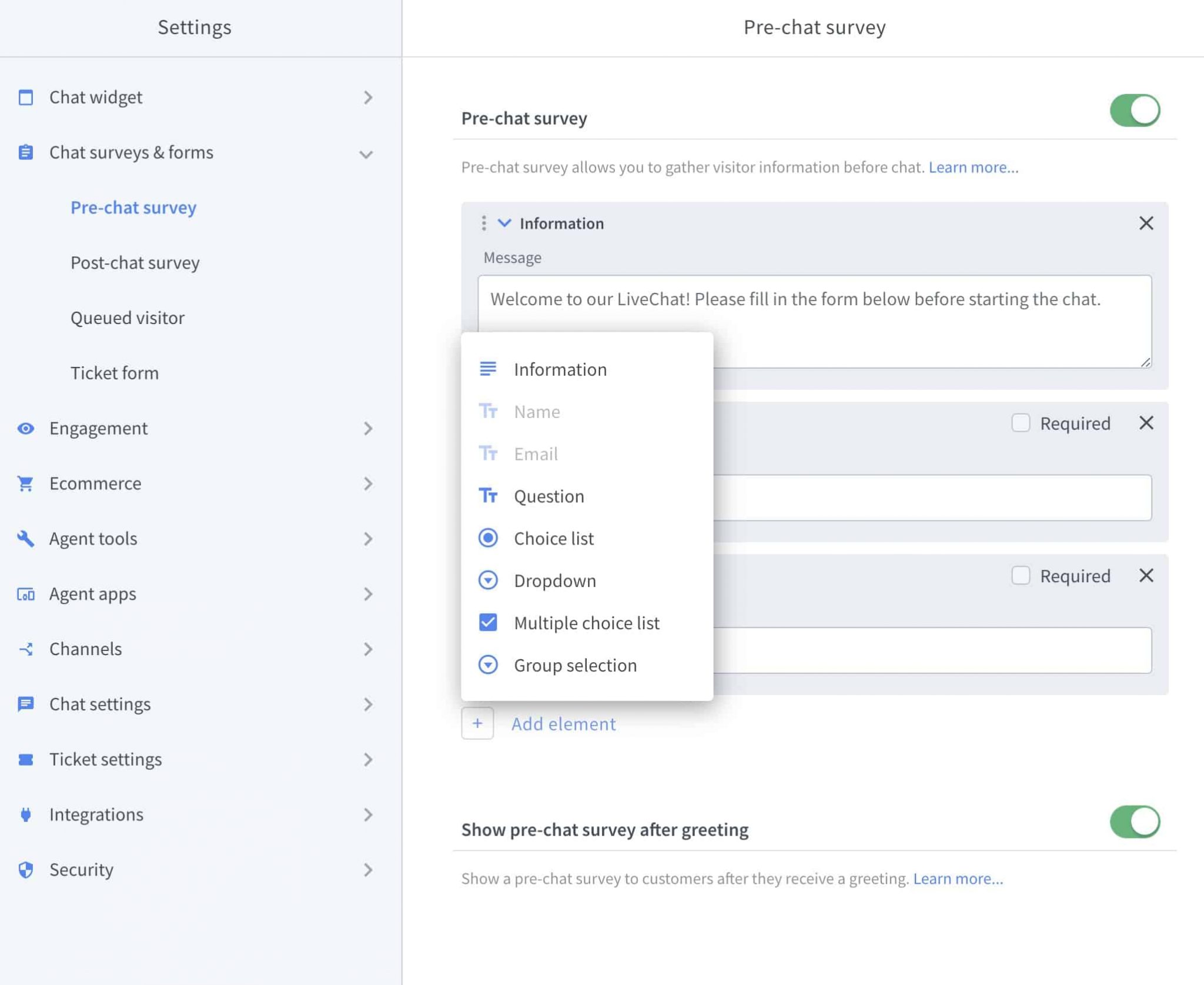 configuring your pre-chat survey for LiveChat